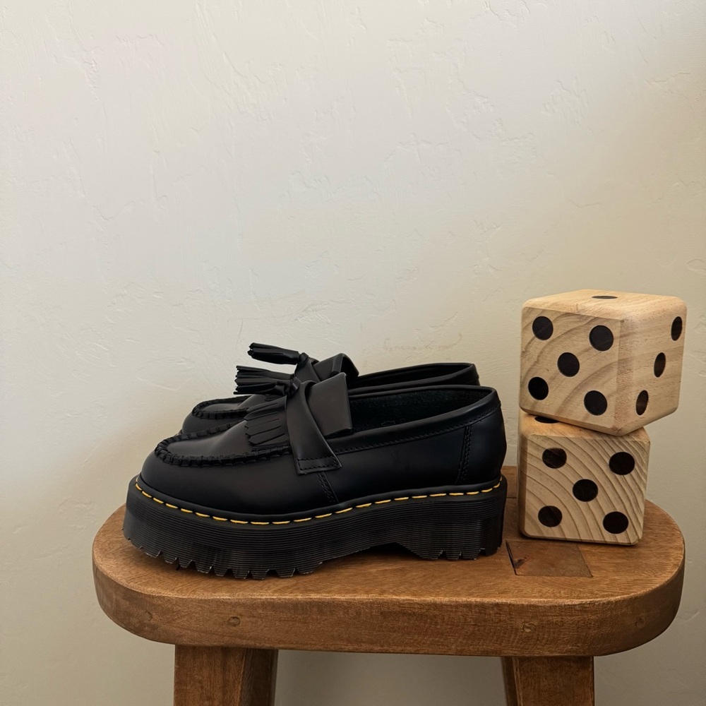 Dr. Martens Adrian Quad Black Platform Shoes Yellow Stitch Women 8  / Men 7 New